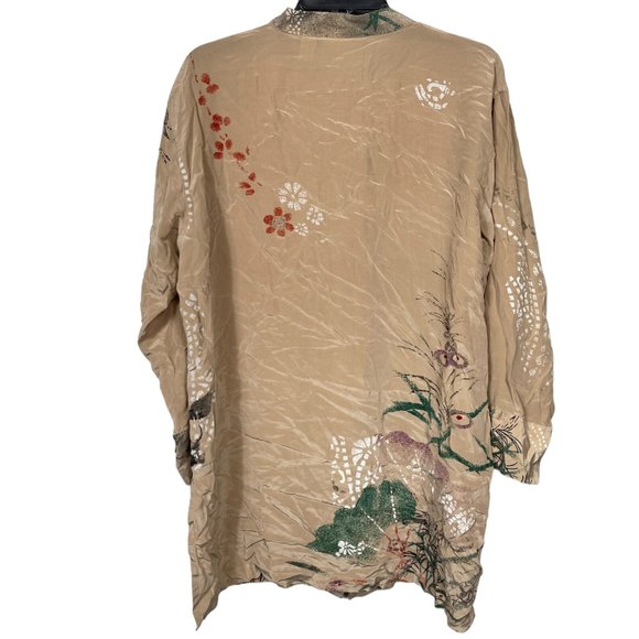 Chico's Design Silk Tunic Blouse Top Size 3 US XL Beige Floral Oriental Button - Picture 2 of 11